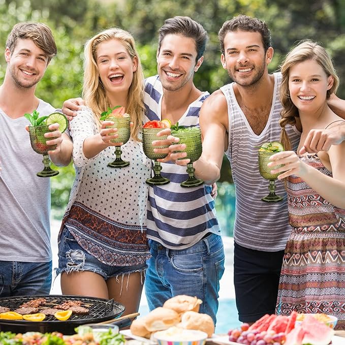 12 oz Green Vintage Wine Glasses,Hobnail Drinking Glasses Set of 4,Embossed Goblet Glasses for Wedding,Party, Dinner,Bar