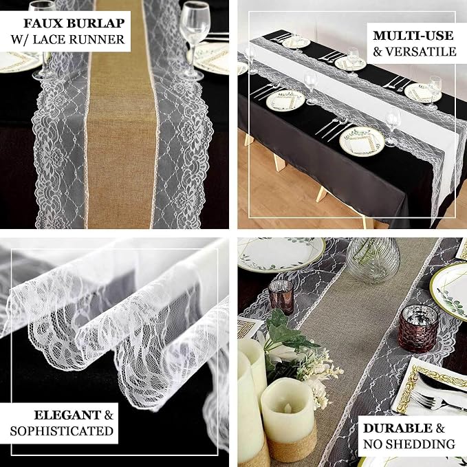 Efavormart 16"x108" Ivory Faux Burlap Jute Lace Table Runner Boho Chic Rustic Decor - Image 3