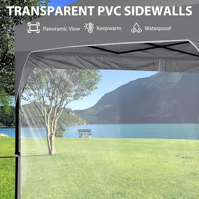 10x10 FT Pop Up Canopy with 4 Clear Sidewalls, 1-Button Push Instant Canopy Tent with Sandbags, Enclosed PVC Walls for Outdoor Activities & Events