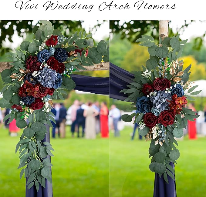 ponatia Burgundy & Navy Blue Artificial Wedding Arch Floral Swags Kit | Wedding Flowers Pack of 3, with 26Ft Shiny Arch Drapery Fabric for Wedding Ceremony & Reception Backdrop Decorations - Image 2