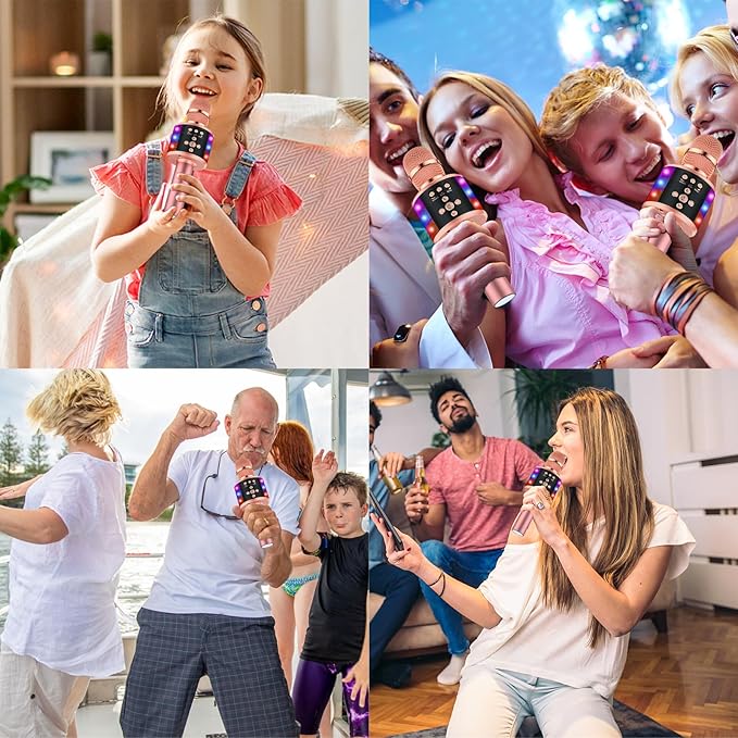 BONAOK Karaoke Microphone for Kids & Adults - Bluetooth Microphones Singing Mic with Disco Lights, Echo Effect, Built-in Speaker Portable Karaoke Player for Party Travel Gifts Q78(Rose Gold)