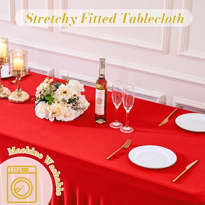 gogoparti 2 Pack Spandex Red Fitted Table Cloth for 6ft Rectangle Tables Red Stretch Tablecloth Table Covers Skirt Banquet Wrinkle Free Tablecloths for Parties Wedding - Image 7
