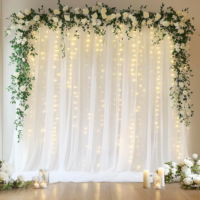 Fomcet Tulle Backdrop Curtains with Lights Sheer White Curtain10x10ft | Tulle Curtains Backdrop Sheer Backdrop Curtains for Parties, Wedding Birthday Baby Shower Photo Shoot Decors(2 Panels 5x10ft) by Fomcet