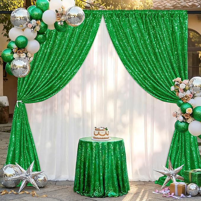 Green Sequin Backdrop Curtains-2 Panels 2FTx8FT Green Backdrop for St Patricks Day, Glitter Party Decorations Background Drapes for Wedding Birthday Anniversary Graduation Photo Booth Decor - Image 7