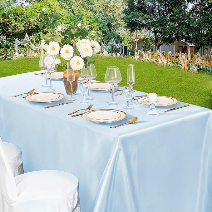 Horbaunal 2 Pack Light Blue Satin Tablecloth 60 x 102 Inches Rectangle Satin Table Cover Bright Silky TableCloths Smooth Table Decoration for Wedding Party Banquet