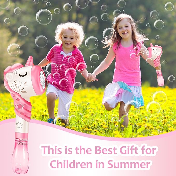 Unicorn Bubble Machine Wand Gifts for Kids Toddlers Age 1 2 3 4 5 6 7 8 Years Old Birthday Party Unique Cute Baby Outdoor Outside Summer Toy Easter Day Game for Little Girl Boy Include Solution Pink