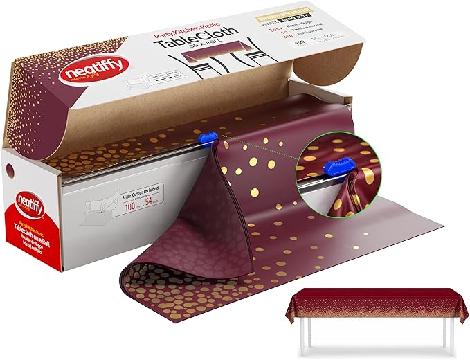 Neatiffy Disposable Plastic Table Cloth Roll with Slide Cutter | Waterproof Cover for Rectangle, Square, Oval Tables | Picnic, Party, Banquet, Birthdays, Weddings - Burgundy Gold Dots by NEATIFFY