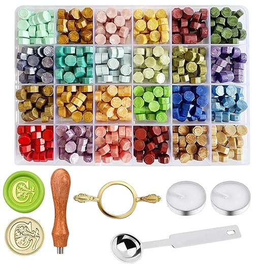 Wax Seal Stamp Kit - Sealing Wax Beads in 24 Colors with Personalized Letter Stamp,Steel Melting Spoon,Tea Candles and Round Molds – Perfect for Wedding Invitations,Envelopes(C)