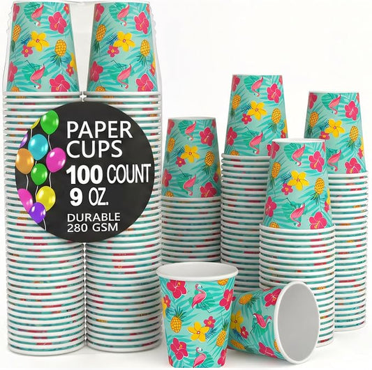 Exquisite Summer Luau Paper Cups 9 oz 100 Pack Sturdy Tropical Hawaiian Print Flamingo Hibiscus Pineapple Palm Tree Disposable Hot Cold Beverage Cups for Beach Tiki Bachelorette Aloha Bash 280 GSM by PartySolids