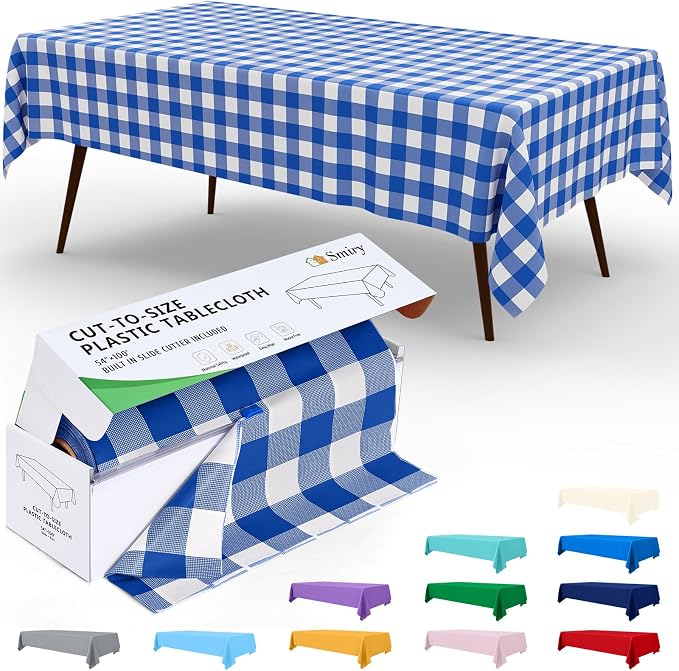 Smiry 54 Inch x 100 Feet Disposable Table Cover Roll, Blue & White Plastic Table Cloth in Cut-to-Size Box with Slide Cutter, Waterproof Rectangle Tablecloths for Weddings, Banquets, Outdoor by Smiry