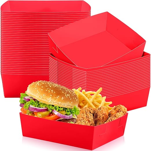 Uiifan 50 Pcs 5 lb Extra Large Paper Food Trays Disposable Food Boat Nacho Plate Serving Snack Trays Grease Resistant Self-assembly for Back to School Party Birthday Wedding Supply (Red) by Uiifan