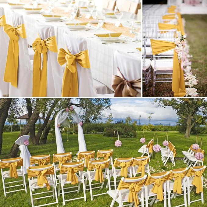 YMHPRIDE 60 PCS Gold Satin Chair Sashes,Ties Bows Designed Chair Sashes for Wedding Party Baby Shower Banquet Restaurant Hotel Folding Chairs Decoration(Gold,7x78 inch) - Image 7
