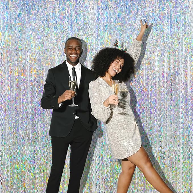 Silver Glitter Foil Fringe Streamer Metallic Wavy Tinsel Curtain for Birthday Wedding Engagement Baby Shower, 4 Pack 6.56 x 3.28 FT Wave Streamer Backdrop Party Backdrop Photo Booth Door Decoration