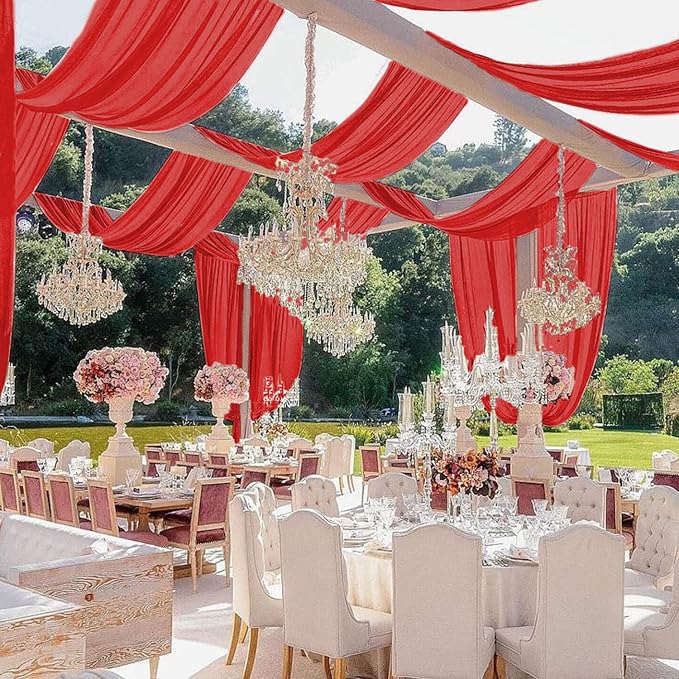 MODFUNS 4 Panels Red Ceiling Drapes 5FTx20FT Chiffon Fabric Draping Fabric Sheer Wedding Ceiling Drapery Chiffon Curtains for Backdrop Swag Drape Curtains for Wedding Arches Anniversary Tent Draping - Image 5