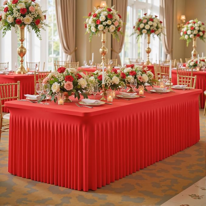 gogoparti 2 Pack Spandex Red Fitted Table Cloth for 6ft Rectangle Tables Red Stretch Tablecloth Table Covers Skirt Banquet Wrinkle Free Tablecloths for Parties Wedding - Image 2