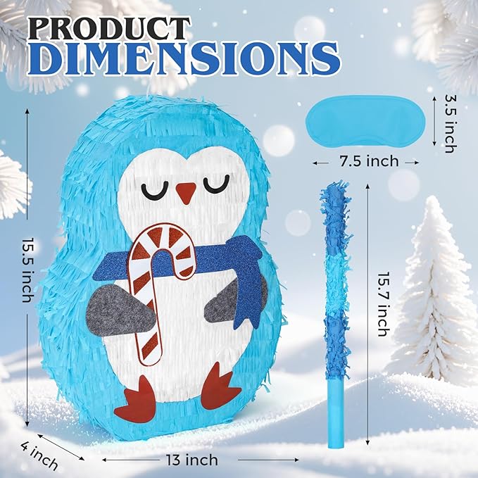 Cute Penguin Pinatas Bundle with a Blindfold and Bat (Small Size 16.5x12x4 Inches), Perfect for Winter boys and girls Birthday Party Supplies, Christmas Party Decoration Games for Kids Party