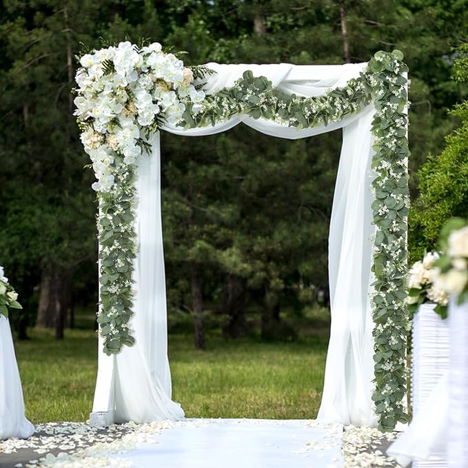 KHOYIME Eucalyptus Garland with White Flowers, 2 Packs 5.9Ft Artificial Silver Dollar Eucalyptus Leaves Plant Fake Greenery Hanging Ivy Vines Faux Wreath for Wedding Arch Party Mantle Table Home Decor | KHOYIME Faux Silver Dollar Eucalyptus Leaves Fake... - Image 3