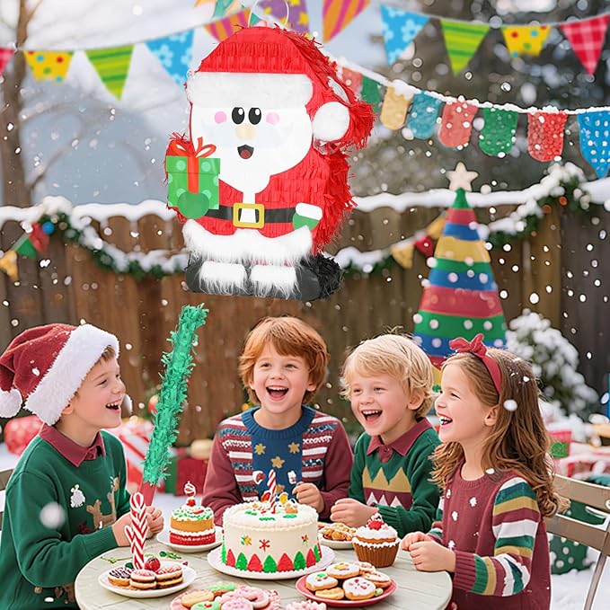 Christmas Santa Claus Pinatas Bundle with a Blindfold and Bat (Small Size 17x12.5x4 Inches), Holiday Theme Piñata, Christmas Party Supplies, Xmas Piñata, Party Decoration Games