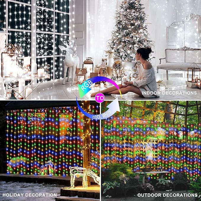 ZAIYW Dual Color Curtain Lights 20ftx10ft 600 LED Christmas Curtain Lights with Remote Plug, Connectable Lights Curtain for Bedroom Patio Wedding Xmas Decor (Cool White & Multicolor)