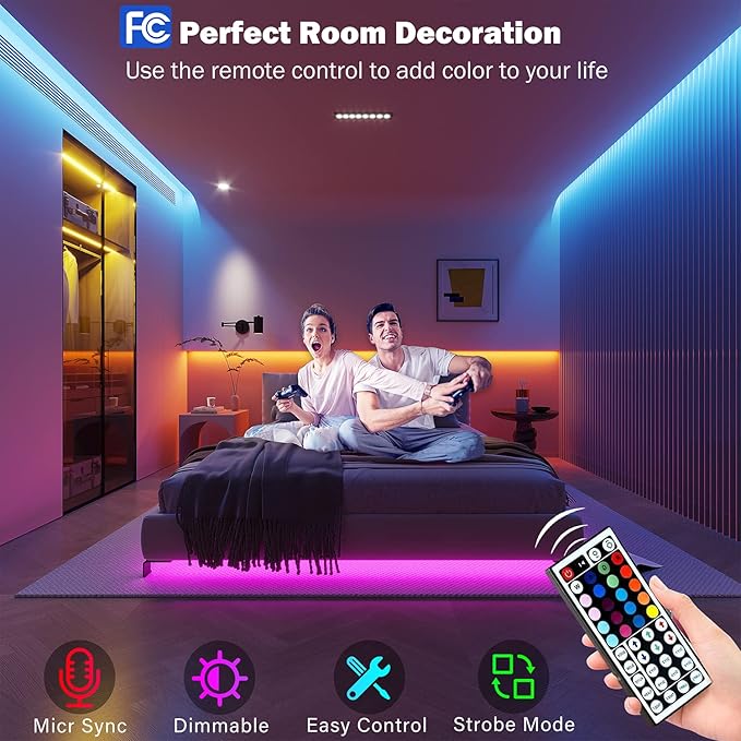 Leeleberd Led Lights for Bedroom 100 ft (2 Rolls of 50ft) Music Sync Color Changing RGB Led Strip Lights with Remote App Control Bluetooth Led Strip, Lights for Room Home Kitchen Party Decor