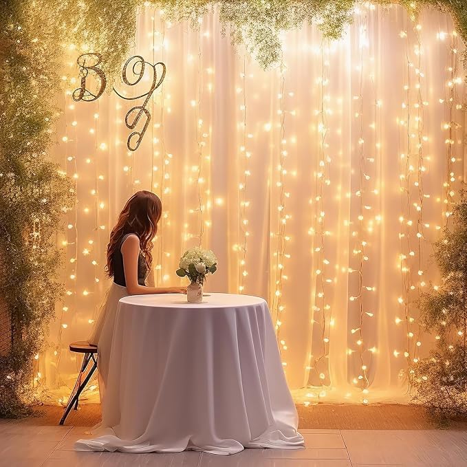 20ft x 10ft Champagne Sheer Tulle Backdrop Curtain with Lights String- Wedding Back Drop Decorations for Reception Ceremony Home Party Photoshoot Background Fabric Curtains Backdrop - Image 4