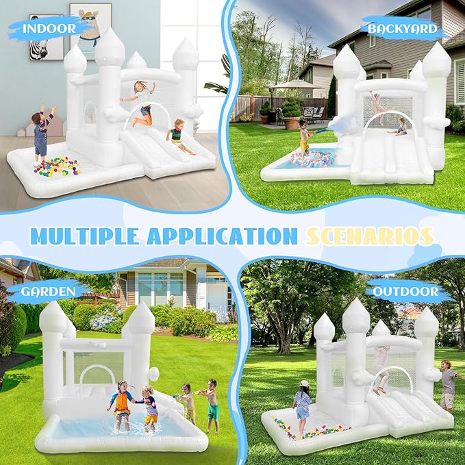 White Bounce House, Bounce House for Kids 3-6 with Double Slides, Bouncy House with Ball Pit Blower Included, Bouncy Castle IndoorOutdoor, 10.5ft L x 9.3ft W x 7.3ft H, Nice Choice for Party