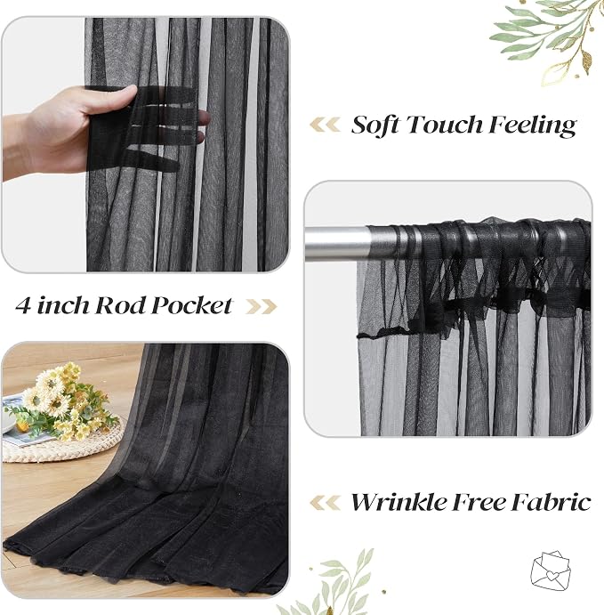 10ft x 8ft Black Backdrop Curtain with Lights String for Parties, Sheer Tulle Wedding Photo Backdrops Drapes for Baby Shower Birthday Party Decorations Background for Photography - Image 4