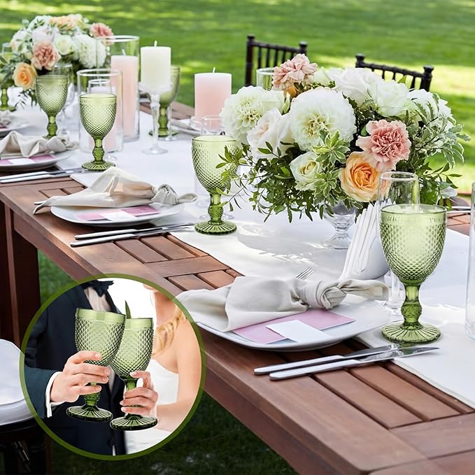 Bokon 12 Pack Green Glass Goblets Set 10 oz High Clear Wine Glass Vintage Water Goblets Cups Embossed Diamond Design Glassware with Stem for Drinking Juice Liquor Party Wedding Bar