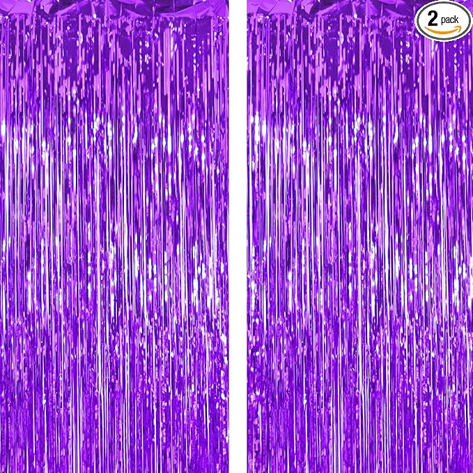 2 Pack Thickened Dark Purple Metallic Foil Fringe Curtains Streamer Rip Resistant Shimmer Tinsel Photo Booth Backdrop for Birthday Wedding Christmas Bachelorette Party Decorations 3.28ft x 6.56ft