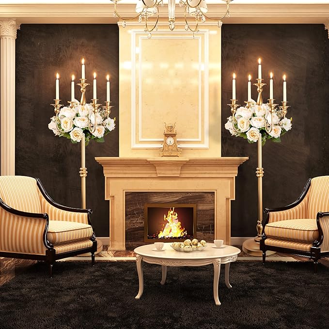 Gold Candelabra for Wedding Event Decor, 50'' Tall Floor Candle Holders, 2 Pcs Metal 5 Arm Centerpiece Decorations for 5 Candlesticks Party Wedding Aisle Home Decor