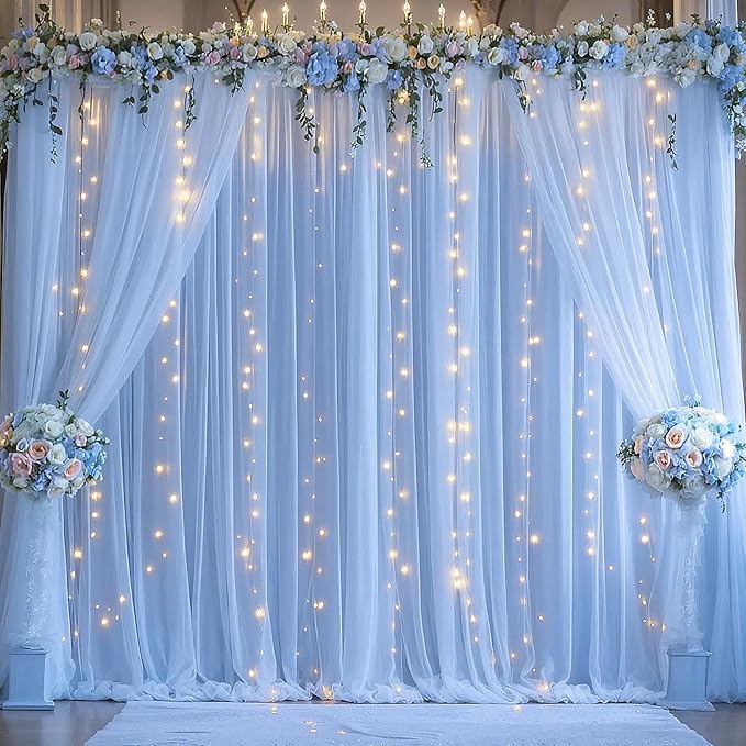 Baby Blue Sheer Tulle Backdrop Curtains with Lights String for Parties Baby Shower Decorations for Boy Bridal Shower Birthday Party Photo Shoot Background Wall Decorations 10×8ft(2 Panels 5×8ft) - Image 4