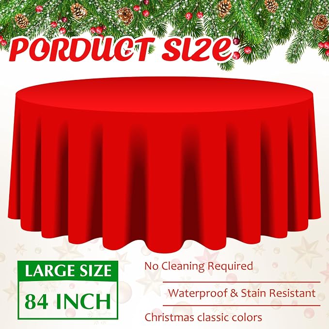Amylove 36 Pcs Christmas Plastic Tablecloth 84 Inch Round Disposable Plastic Table Cloth Waterproof Decorative Table Cover for Parties Christmas Decor (Red,Green) - Image 3