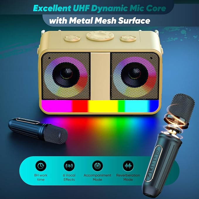 Karaoke Machine, Real 35W Portable Speaker,8H Long Time, 2 Rechargeable Wireless Microphones,LED,Karaoke Machine for Adults & Kids,BT/FM/USB/TF/AUX,for Home Party/Outdoors(CHJ171-Golden)