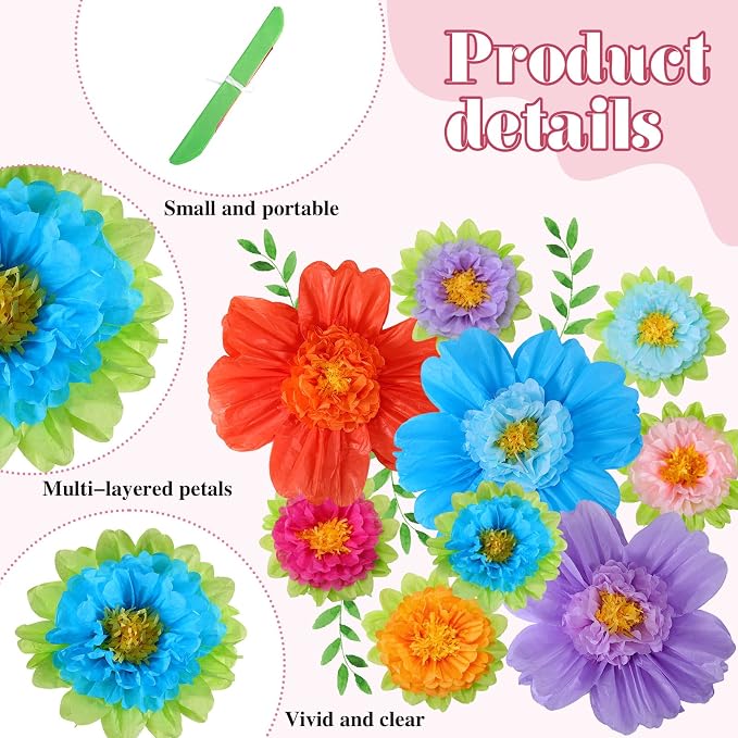TaoBary Giant Tissue Paper Flowers, 20",10", Rainbow Color, 48 Pcs | Complete 2 Size Set, Pre-folded for Easy Shaping, Mexican Paper Pom Poms, Lightweight for Fiesta and Birthday Wall Decor - Image 4
