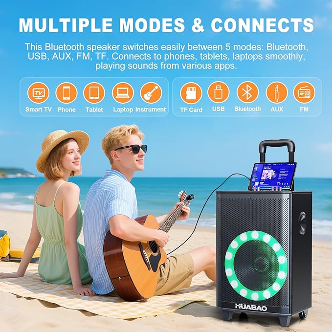 Large Bluetooth Karaoke Speaker with 2 Wireless Microphones, 11 Speaker System with 8800mAh Battery, Trolley PA System with Lights, Remote, FM/AUX/USB/TF, Bass & Treble Adjust, Ideal for Outdoor Party