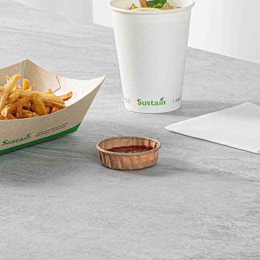 Restaurantware-Sustain 1 Ounce Portion Cups, 100 Disposable Condiment Cups - Compostable, Versatile, Kraft Paper Sample Food Cups, Stylish, For Serving Dips, Jams, Sauces, Nuts, And More - Image 4