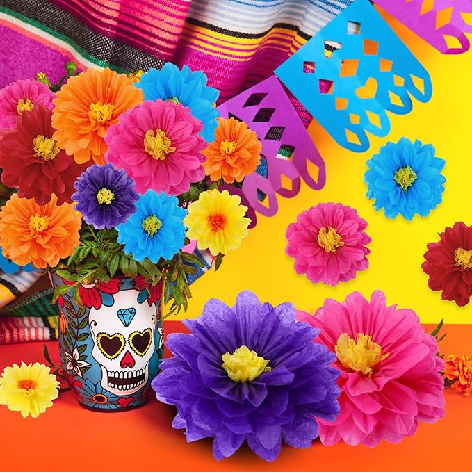 Geyee 36 Pcs Mexican Paper Flower Colorful Tissue Paper Flower, 10" 12" 14" | Fiesta Tissue Crepe Paper Flowers Pom Poms Mexican Carnival for Floral Party Backdrop Wedding Birthday Party Craft - Image 5