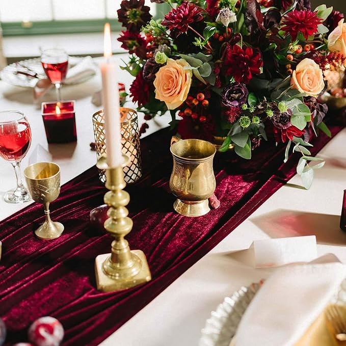 Luxurious Velvet Table Runner, 10ft Wedding Reception Decorations, 20x120inch Soft Velvet Fabric, Table Linen Overlay, Wedding Table Runners (Burgundy, 20X120inch) - Image 2