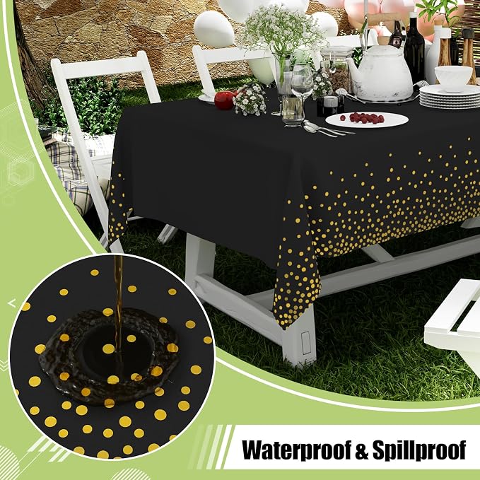 Smiry Disposable Table Cloth - 10 Pack, 54 x 108 Inch Waterproof Rectangle Tablecloths for Parties, Decorative Plastic Table Cover, Leakproof & Sturdy, Black & Gold - Image 3
