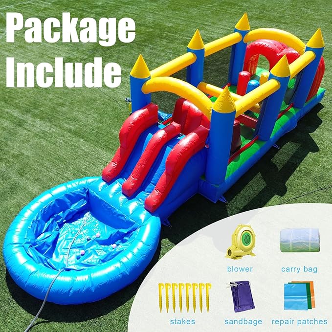 30FT Commercial Grade Bounce House for Adult, (Heavy Duty PVC) (Splash Big Water Pool) (1100W UL Blower) Inflatable Obstacle Course with Slide, Ball Pit, Large Backyard Lawn Party Game