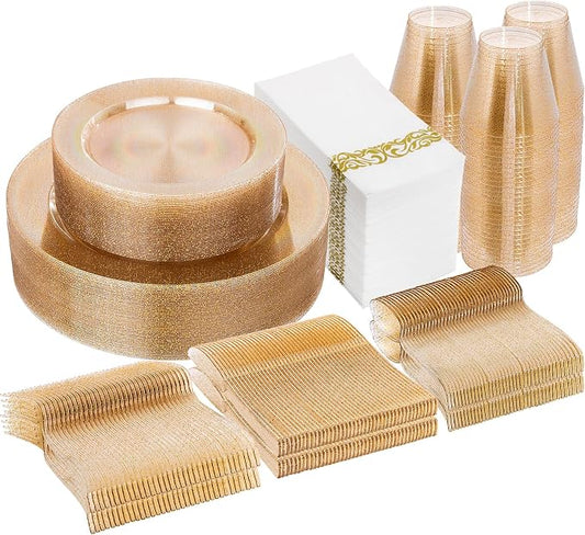 350 Pcs Gold Glitter Plastic Dinnerware Set, Plastic Disposable Plates | 50 Dinner Plates, 50 Dessert Plates, 50 Paper Napkins, 50 Cups, 50 Silverware Set, Perfect for Party & Wedding by I00000