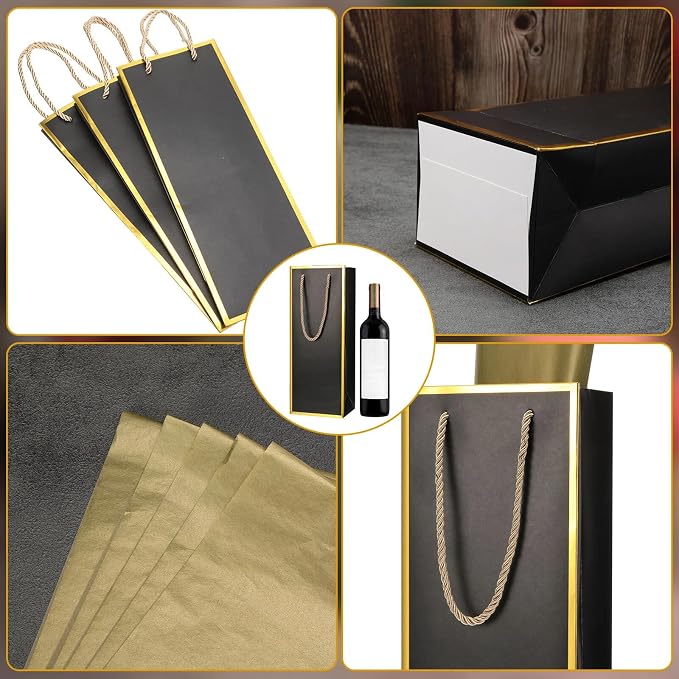 TaoBary 50 Pack Wine Gift Bags, Black Bottle Bags with Handles | Wine Bags for Bottle Bulk 4 x 5 x 13 Inch Champagne Gift Paper Sack with Handles for Appreciation Wedding Party Anniversary - Image 6