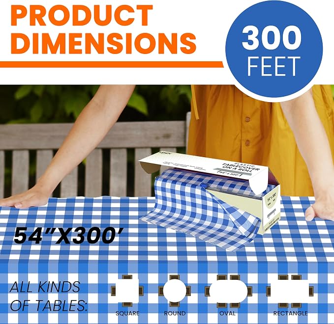 LEMON + Co. Blue Gingham Premium Plastic Tablecloth Roll - 54" x300' for Parties with Cutter Box - Cut to Size Rectangle & Round Disposable Tablecloth Plastic Table Cover - Image 4