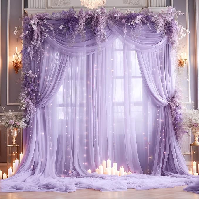 20ft x 10ft Purple Backdrop Curtain with Lights String for Parties, Sheer Tulle Wedding Photo Backdrops Drapes for Baby Shower Birthday Party Decorations Background for Photography by Shillance