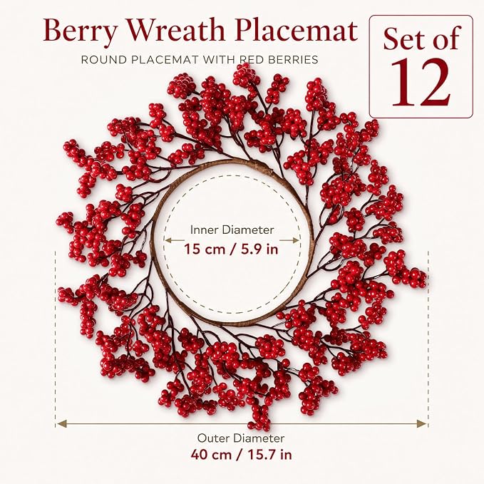 Christmas Round Placemat Set of 12 Artificial Berry Wreath Charger | Circular Xmas Mats, Artificial Greenery Branch Place Mats, Winter Fake Berry Table Decor, Kitchen Dining Accessories - Image 2