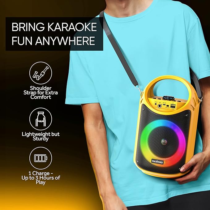 MASINGO Karaoke Machine for Kids and Adults with 1 Wireless Karaoke Microphone and 1 Wired Mic, PA Portable Speaker with LED Lights, Supports TF Card/USB, AUX/MIC in, TWS for Home Party, Burletta C10