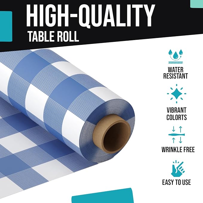Exquisite Party Solids Blue Gingham Plastic Table Cover Roll Pack of 6, 40" X 100' Table Cloth Plastic Cover Roll - Premium Quality Thick 0.5 MIL Banquet Rolls - Disposable Tablecloth Rolls - Image 4