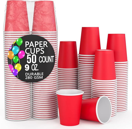 Party Solids Red Paper Cups 9 oz - 50 Disposable Cups for Hot & Cold Drinks - Durable 280 GSM Coffee Tea Tumblers for Parties Events & To Go by PartySolids
