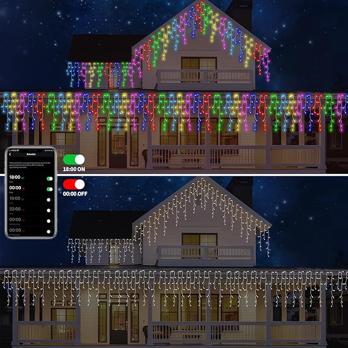 Gemce Smart RGB Icicle Lights, 33ft 304 LEDs Outdoor/Indoor Christmas Chasing Lights, 16 Million DIY Colors, Music Sync, 58+ Scene Modes, App Control for Holiday & Party Decor