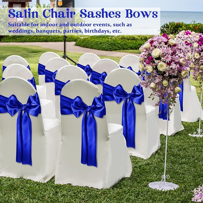 12 Pcs Royal Blue Satin Chair Sashes Bows, 7x108 inch | Silky Dining Chair Ribbon, Wedding, Party, Banquet Decor, Restaurant, Hotel Event, Chair Cover Decorations - Image 4